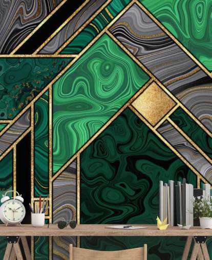 motif géométrique en marbre vert et gris avec papier peint doré