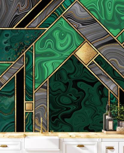 padrão geométrico de mármore verde e cinza com papel de parede dourado