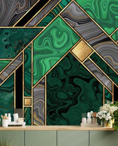 grönt och grått marmor geometriskt mönster med guld tapet