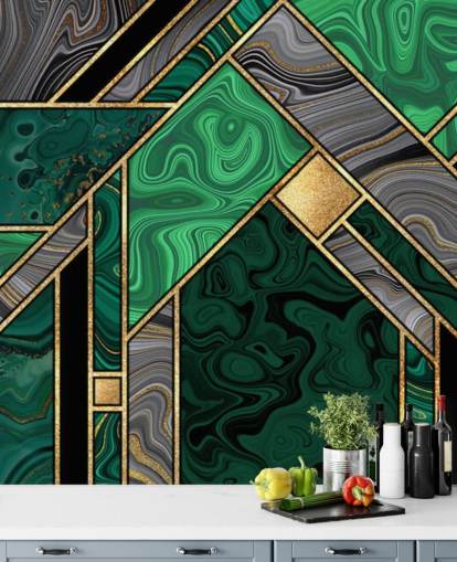 padrão geométrico de mármore verde e cinza com papel de parede dourado