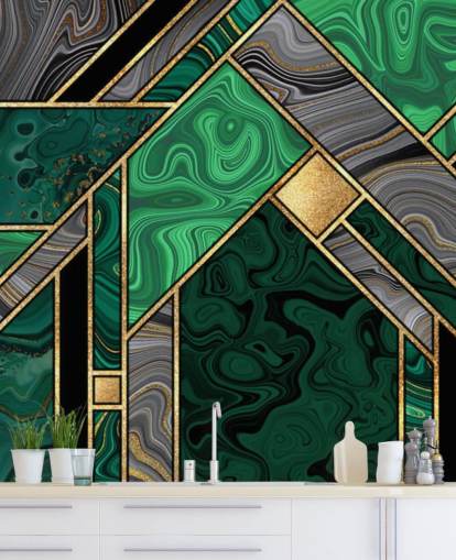grøn og grå marmor geometrisk mønster med guld tapet