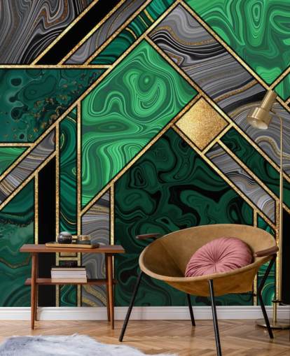 motif géométrique en marbre vert et gris avec papier peint doré