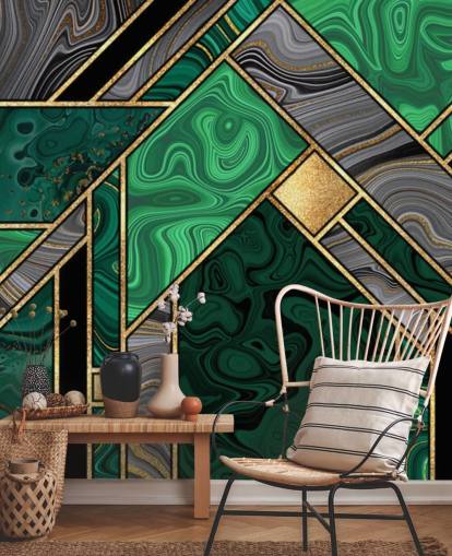 geometrisch patroon van groen en grijs marmer met goudbehang