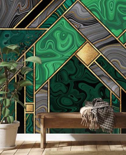 grønt og grått marmor geometrisk mønster med gull tapet