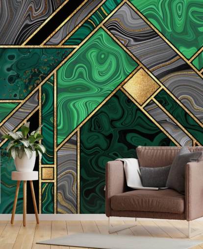 patrón geométrico de mármol verde y gris con papel pintado dorado