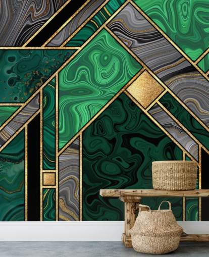 green and grey marble geometric pattern with gold wallpaper