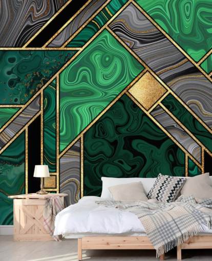 geometrisch patroon van groen en grijs marmer met goudbehang