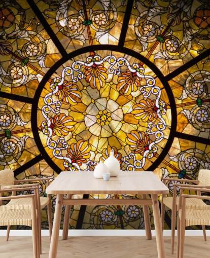 Mural de parede de janela de vitral floral dourado e amarelo