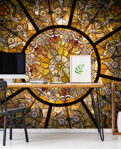 Papier Peint Fresque Vitrail Floral Doré et Jaune