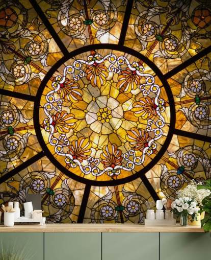 Golden and Yellow Floral Stained Glass Window Wall Mural