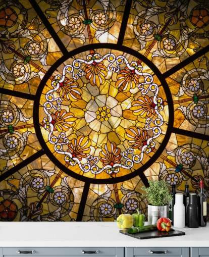 Mural de parede de janela de vitral floral dourado e amarelo