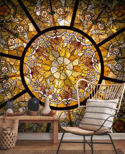 Golden and Yellow Floral Stained Glass Window Wall Mural Golden and Yellow Floral Stained Glass Window Wall Mural