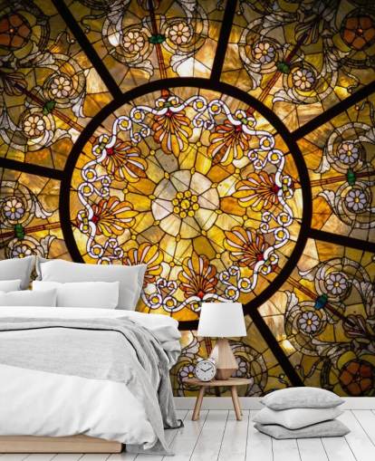 Mural de parede de janela de vitral floral dourado e amarelo