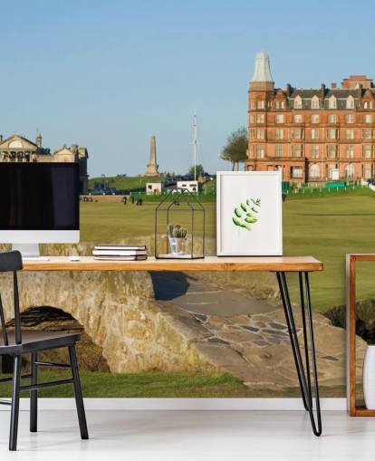 op maat gemaakte golfbehangmuurschildering genaamd Swilcan Bridge, St Andrews Old Course
