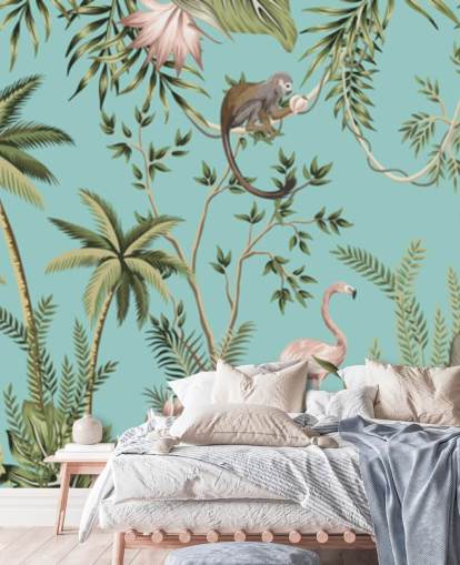 olifant, luiaard, flamingo en aap jungle met turquoise achtergrondbehang