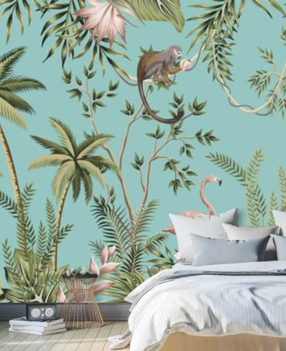 elephant, sloth, flamingo and monkey jungle with turquoise background wallpaper