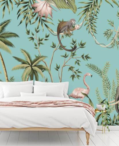 elefant, dovendyr, flamingo og ape jungel med turkis bakgrunn tapet elefant, dovendyr, flamingo og ape jungel med turkis bakgrunn tapet