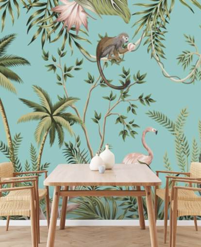 Elefant, Faultier, Flamingo und Affendschungel mit türkisfarbenem Hintergrund