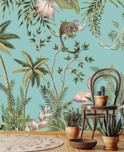 olifant, luiaard, flamingo en aap jungle met turquoise achtergrondbehang olifant, luiaard, flamingo en aap jungle met turquoise achtergrondbehang
