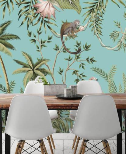 elephant, sloth, flamingo and monkey jungle with turquoise background wallpaper