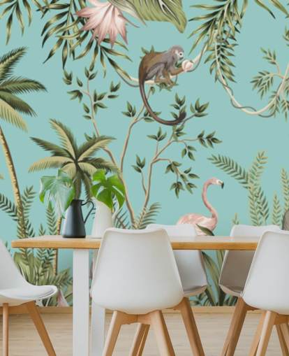 jungle éléphant, paresseux, flamant rose et singe avec fond d'écran turquoise