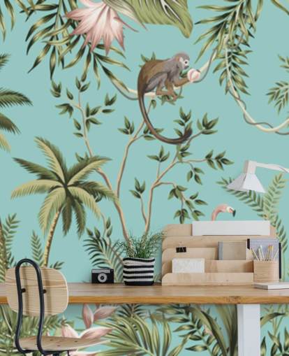 jungle éléphant, paresseux, flamant rose et singe avec fond d'écran turquoise