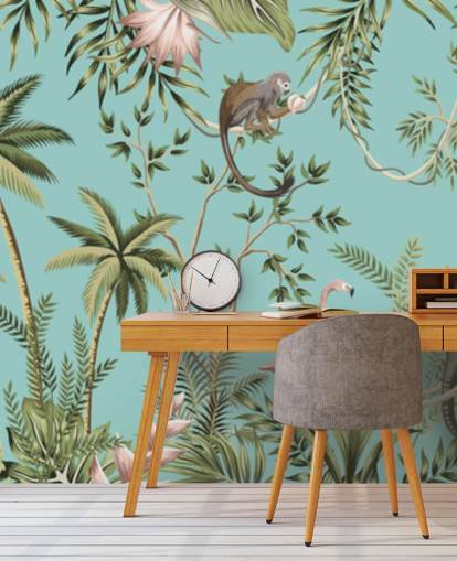 norsu, laiskiainen, flamingo ja apina viidakko turkoosi taustakuvaksi