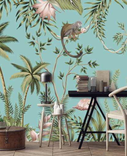 Elefant, Faultier, Flamingo und Affendschungel mit türkisfarbenem Hintergrund