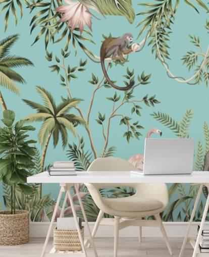 Elefant, Faultier, Flamingo und Affendschungel mit türkisfarbenem Hintergrund Elefant, Faultier, Flamingo und Affendschungel mit türkisfarbenem Hintergrund