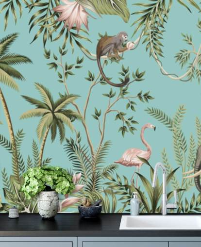 elephant, sloth, flamingo and monkey jungle with turquoise background wallpaper