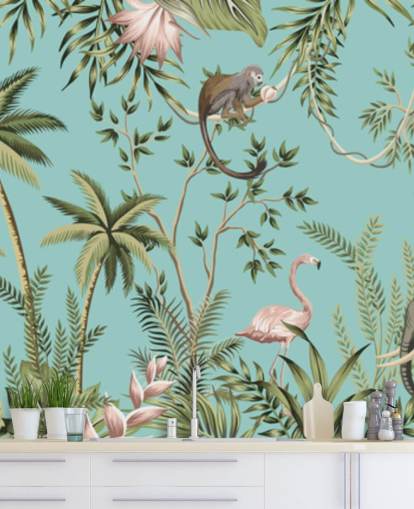 jungle éléphant, paresseux, flamant rose et singe avec fond d'écran turquoise