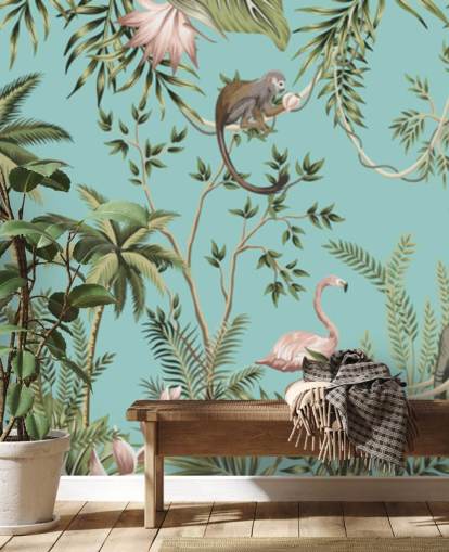 Elefant, Faultier, Flamingo und Affendschungel mit türkisfarbenem Hintergrund