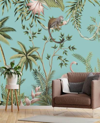 elephant, sloth, flamingo and monkey jungle with turquoise background wallpaper elephant, sloth, flamingo and monkey jungle with turquoise background wallpaper