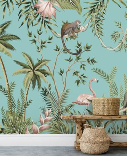 elefant, dovendyr, flamingo og abe jungle med turkis baggrund tapet elefant, dovendyr, flamingo og abe jungle med turkis baggrund tapet