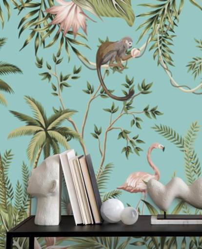 elefant, dovendyr, flamingo og abe jungle med turkis baggrund tapet elefant, dovendyr, flamingo og abe jungle med turkis baggrund tapet