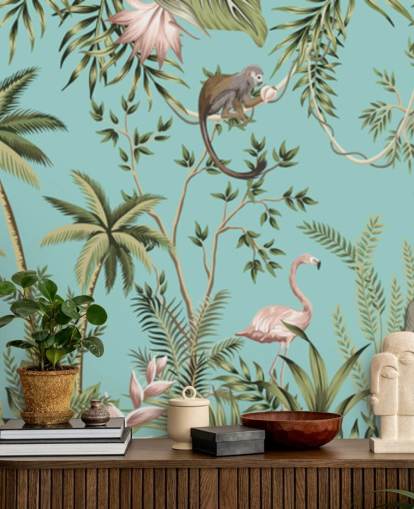 elefant, lättja, flamingo och apa djungel med turkos bakgrund tapeter