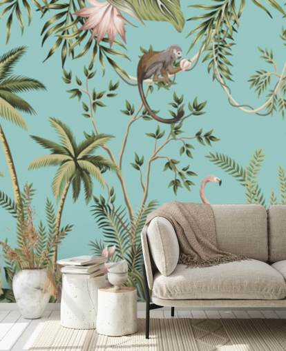 elefante, preguiça, flamingo e macaco selva com fundo turquesa papel de parede