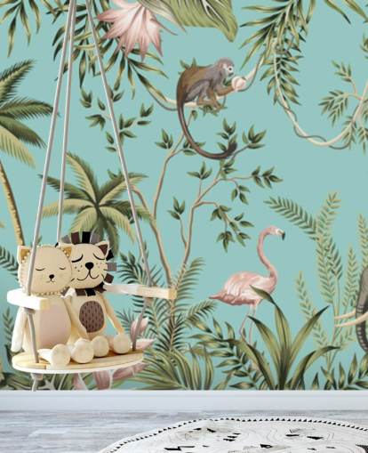 elephant, sloth, flamingo and monkey jungle with turquoise background wallpaper