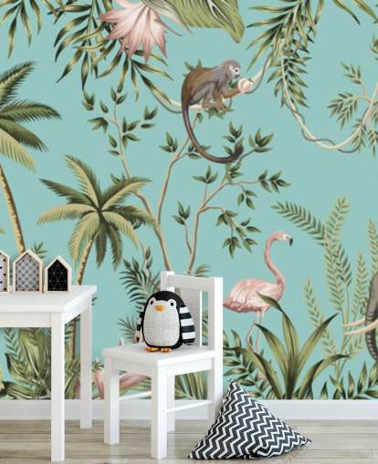 olifant, luiaard, flamingo en aap jungle met turquoise achtergrondbehang