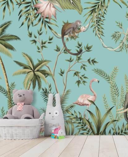 elefant, dovendyr, flamingo og abe jungle med turkis baggrund tapet