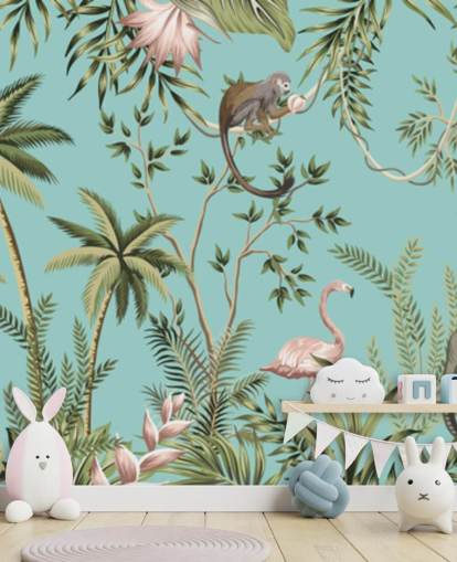 jungle éléphant, paresseux, flamant rose et singe avec fond d'écran turquoise