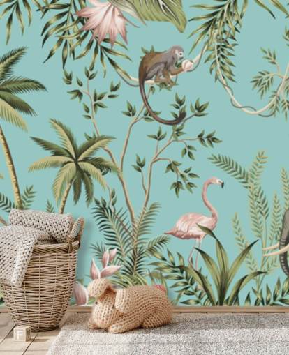 elefant, dovendyr, flamingo og abe jungle med turkis baggrund tapet