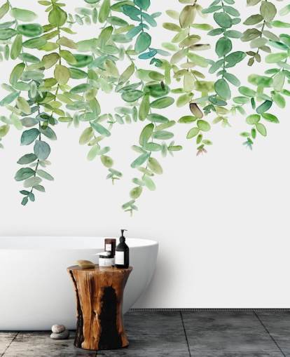vit och grön hängande blommig tapetväggmålning kallad Evergreen Hanging Eucalyptus av Carol Robinson