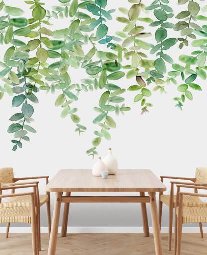 papier peint mural floral suspendu blanc et vert appelé Evergreen Hanging Eucalyptus par Carol Robinson