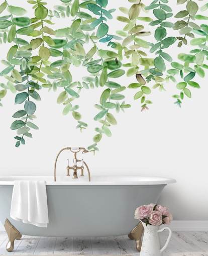 white and green hanging floral wallpaper mural called Evergreen Hanging Eucalyptus by Carol Robinson