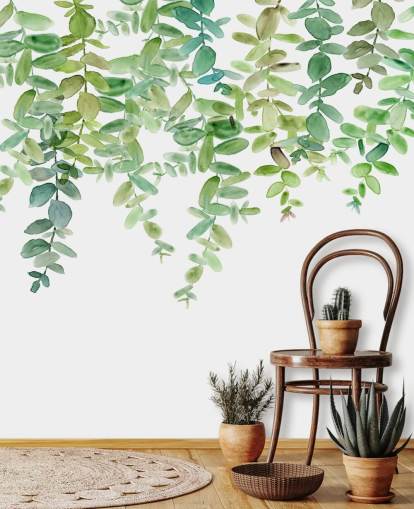hvidt og grønt hængende blomstertapet vægmaleri kaldet Evergreen Hanging Eucalyptus af Carol Robinson