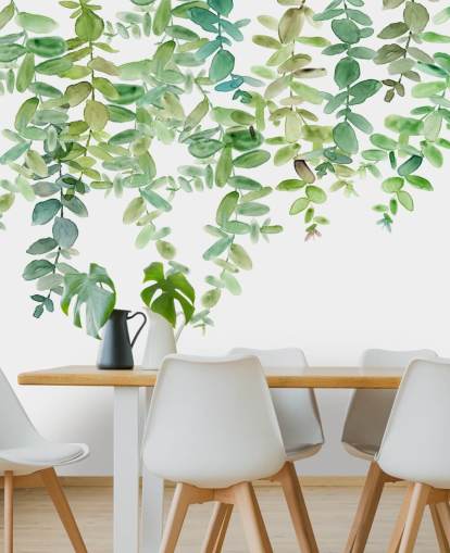 carta da parati murale floreale da appendere bianca e verde chiamata Evergreen Hanging Eucalyptus di Carol Robinson