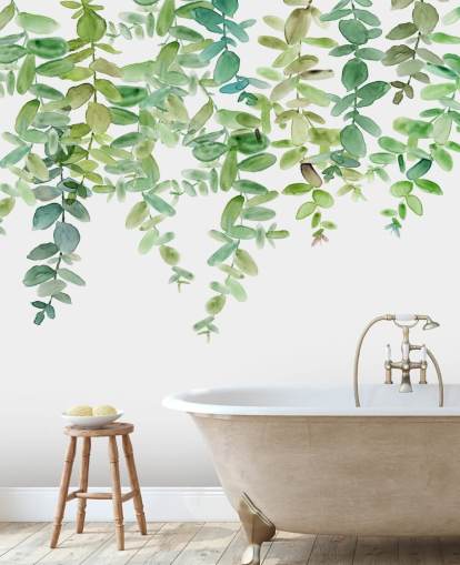 mural de papel de parede floral suspenso branco e verde chamado Evergreen Hanging Eucalyptus de Carol Robinson