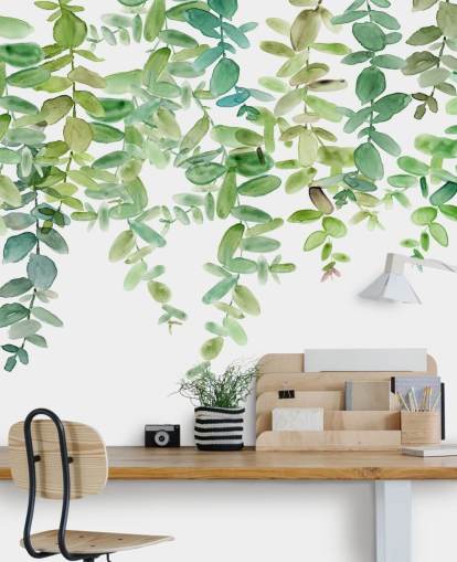 mural de papel de parede floral suspenso branco e verde chamado Evergreen Hanging Eucalyptus de Carol Robinson