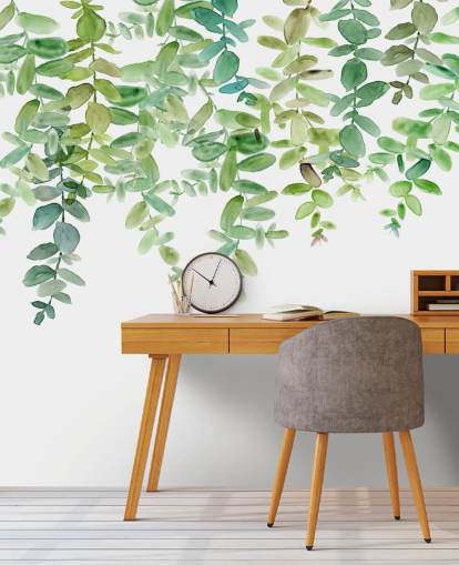 white and green hanging floral wallpaper mural called Evergreen Hanging Eucalyptus by Carol Robinson